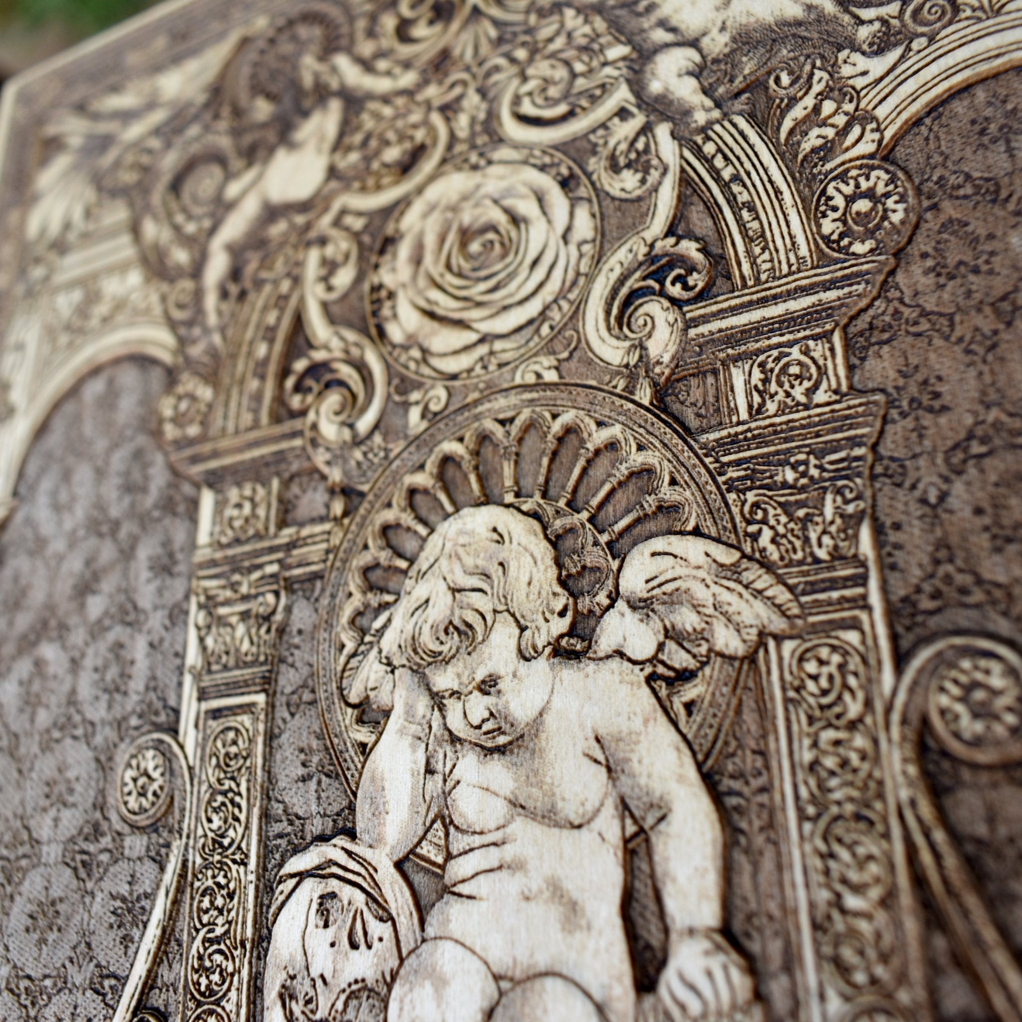 Personalized gothic clock with medieval-inspired wood engraving