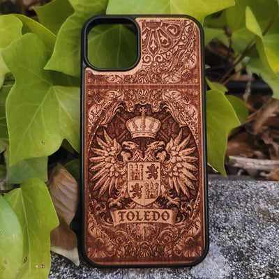 Medieval Toledo crest engraved on a wooden phone case, compatible with iPhone  and Samsung Galaxy S.