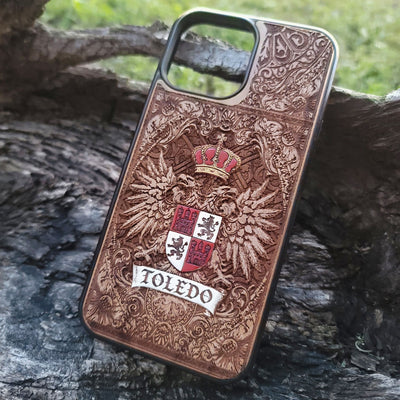 Toledo coat of arms engraved on real cherrywood phone case, handmade.