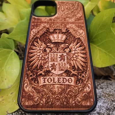 Medieval Toledo crest engraved on a wooden phone case, compatible with iPhone  and Samsung Galaxy S.