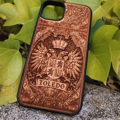 Medieval Toledo crest engraved on a wooden phone case, compatible with iPhone  and Samsung Galaxy S.