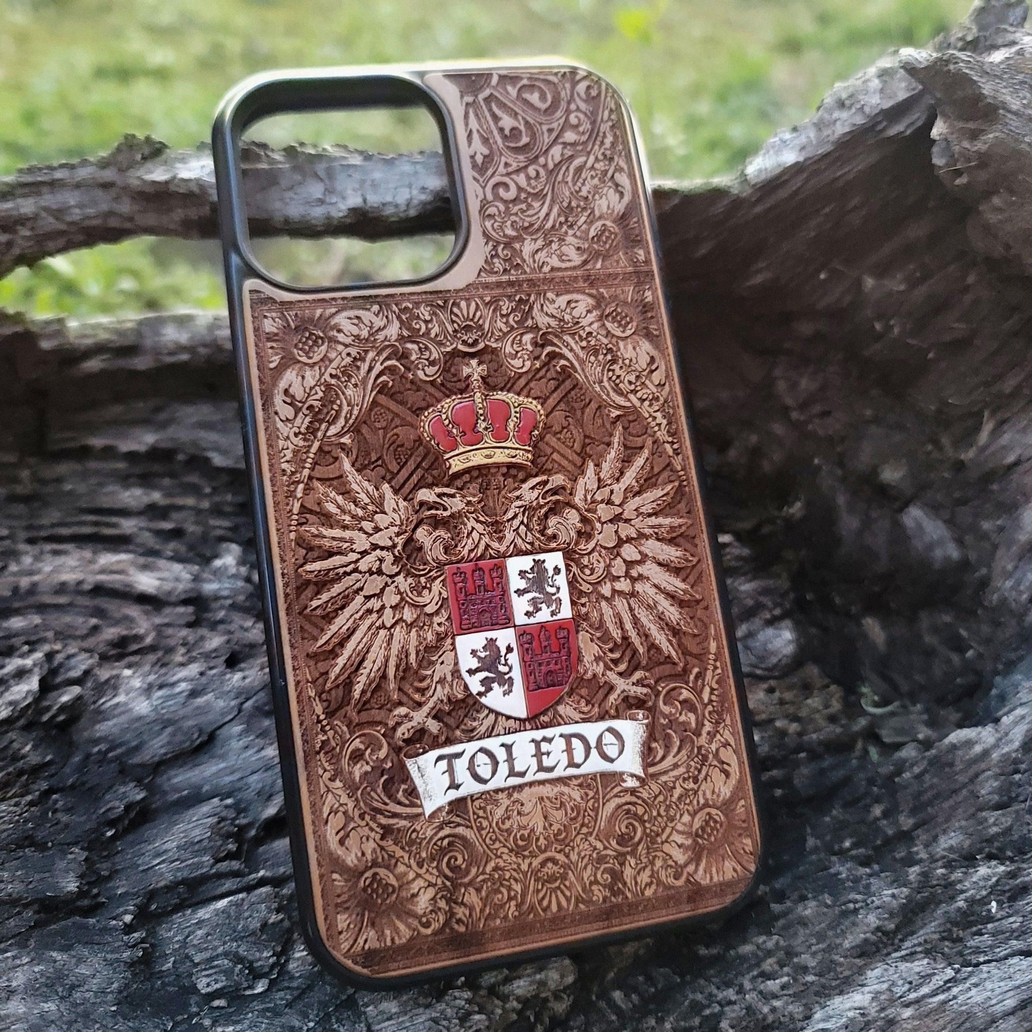 Engraved Spanish family crest phone case in gothic vintage wood style.