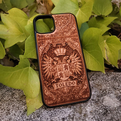 Medieval Toledo crest engraved on a wooden phone case, compatible with iPhone  and Samsung Galaxy S.