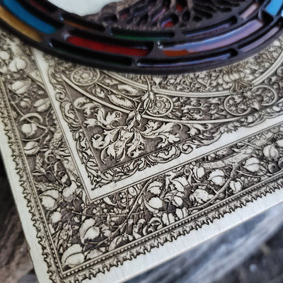 Gothic engraved wood art – gothic art, engraved wood, dark fantasy, skeleton design, artisan crafted