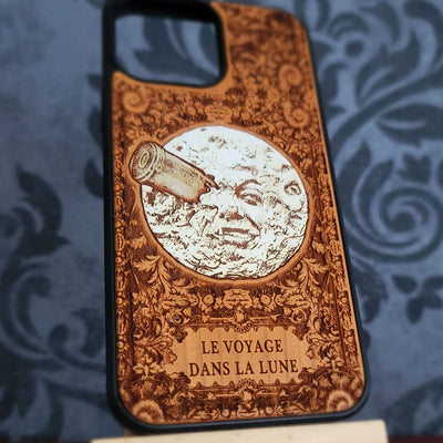 Vintage astronomy phone case with hand painted moon and ornate engraved border