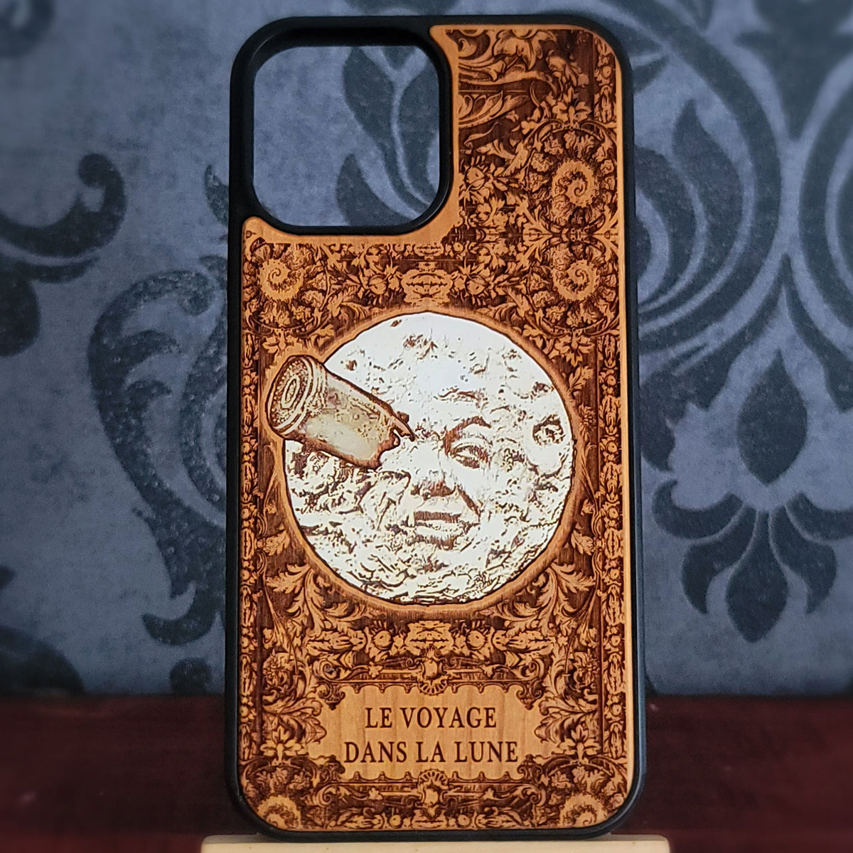 Retro moon engraved wood phone case for iPhone Galaxy and Google Pixel