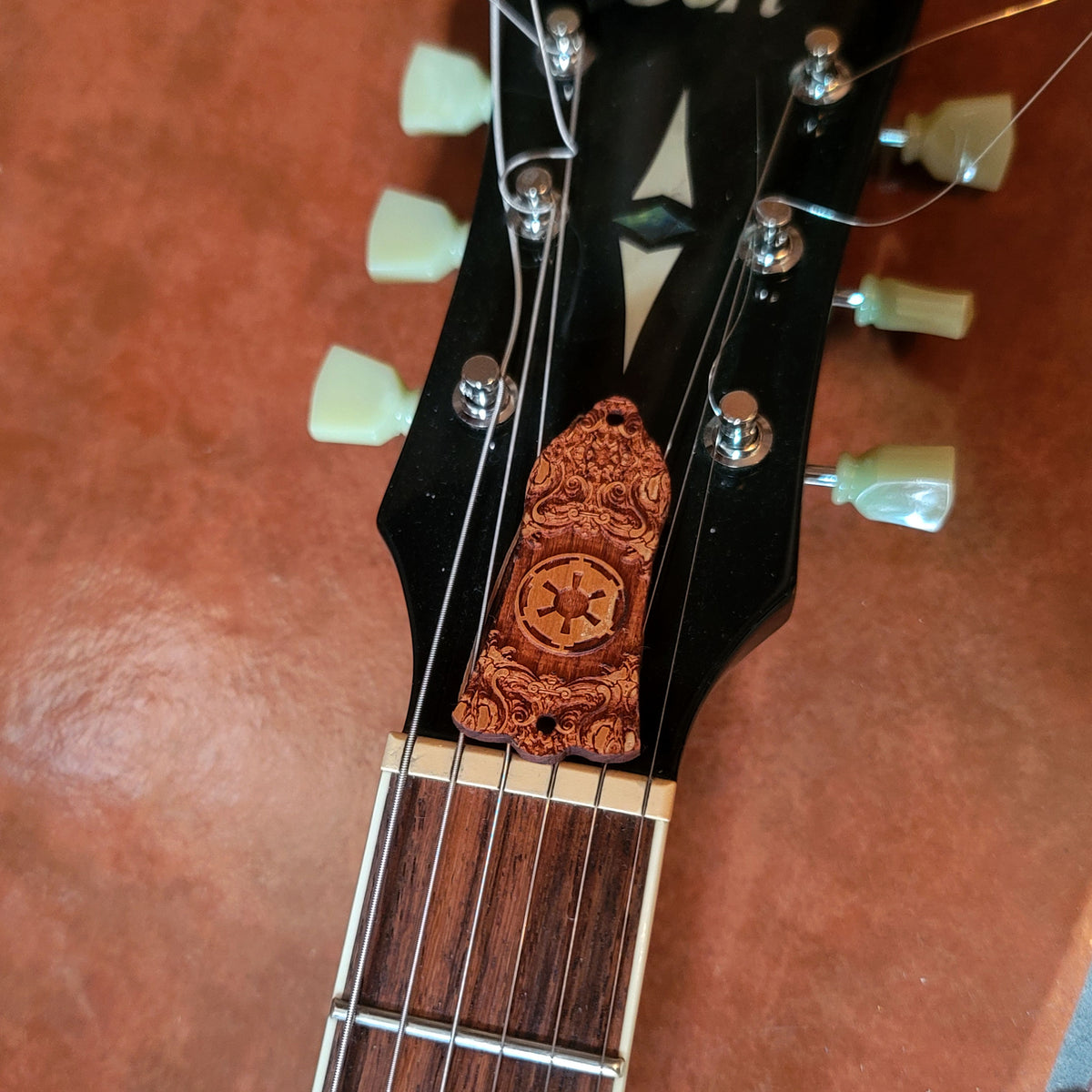 les paul truss rod imperial logo wood 
laser engraved