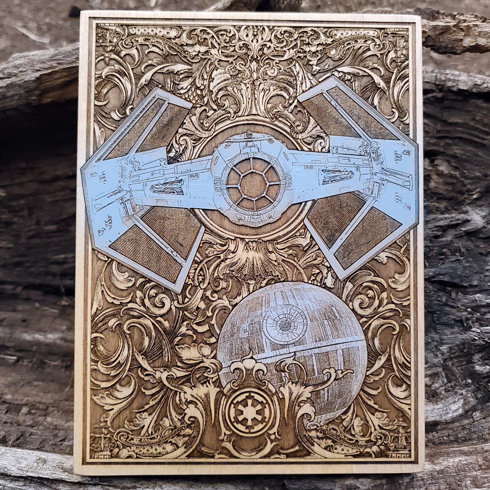 Vader TIE Fighter wood wall art – handcrafted Star Wars decor