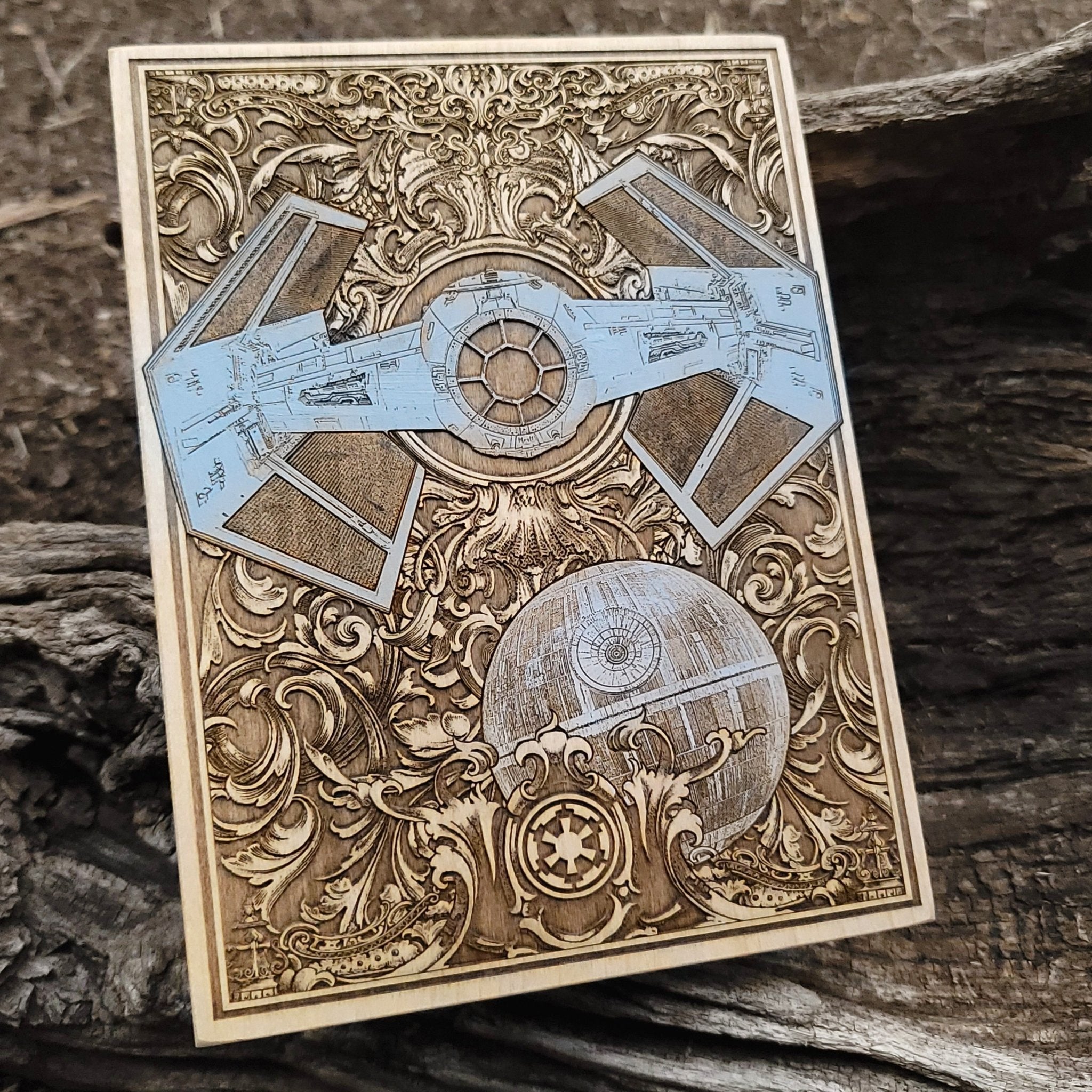 Handmade Star Wars wood engraving featuring Vader’s TIE Fighter