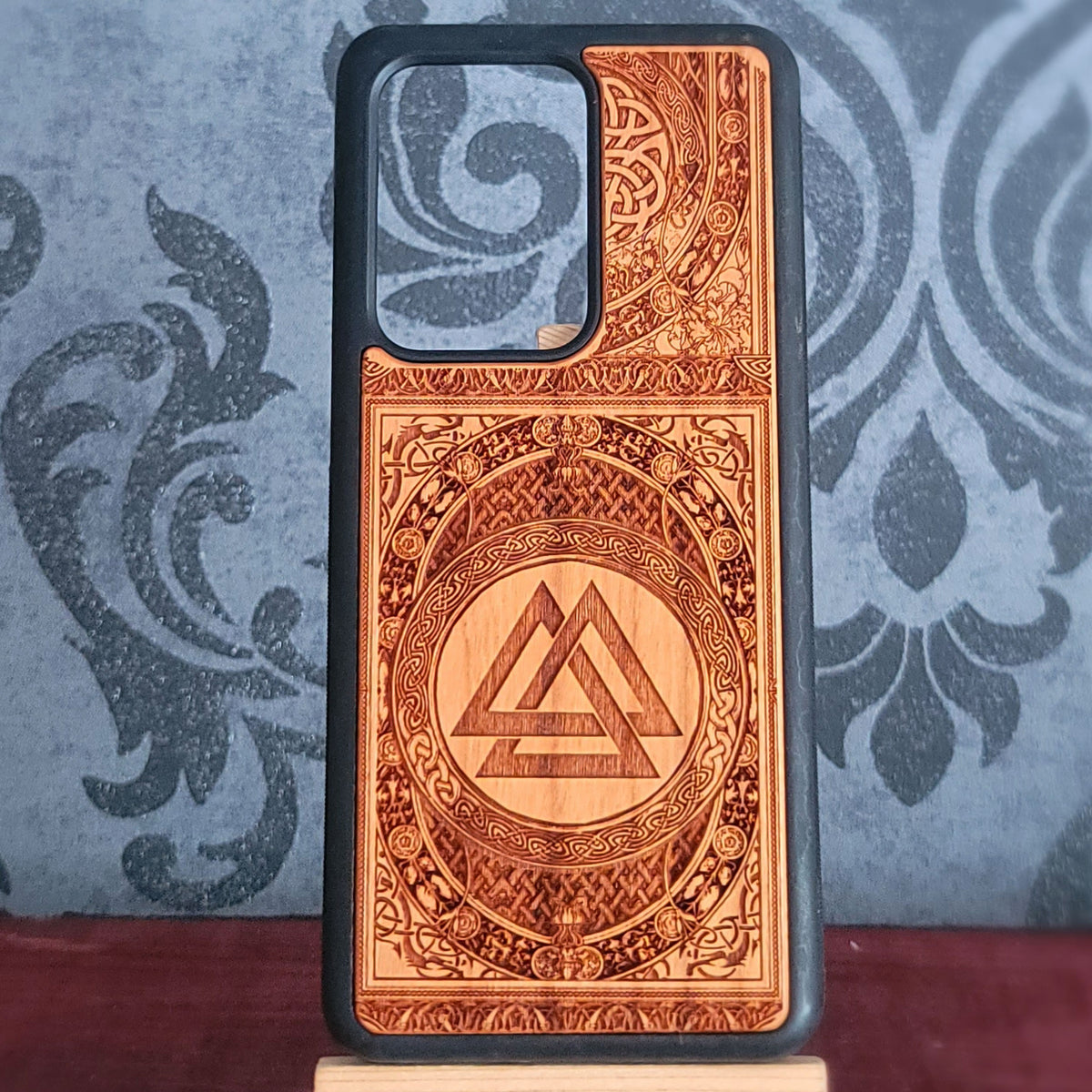 Valknut symbol laser engraved on real cherrywood Viking phone case
