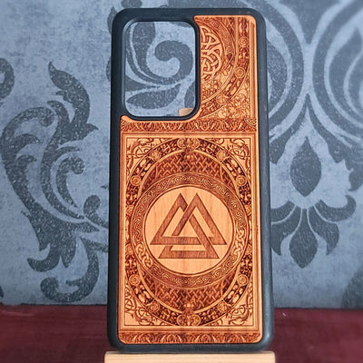 Valknut symbol laser engraved on real cherrywood Viking phone case