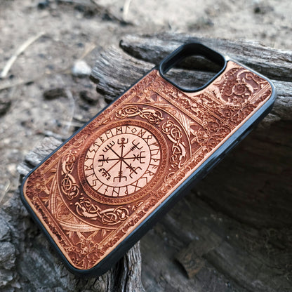 iPhone & Samsung Galaxy Wood Phone Case Viking Rune - The Vegvisir Compass II