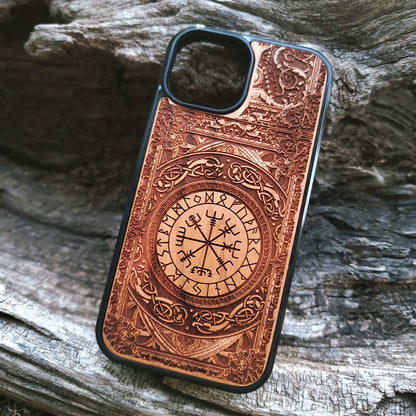 iPhone & Samsung Galaxy Wood Phone Case Viking Rune - The Vegvisir Compass II