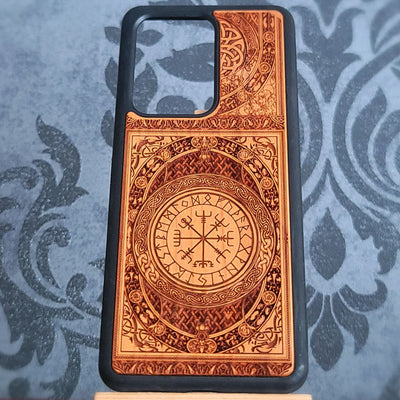 Engraved wooden phone case featuring Vegvisir symbol surrounded by Norse runes