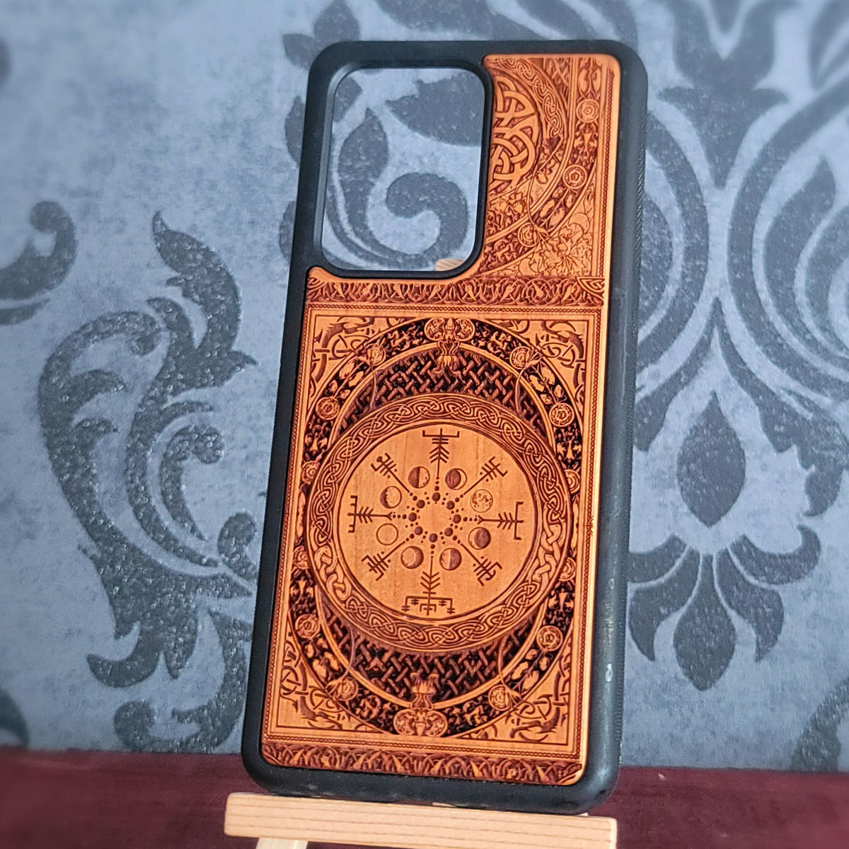 Viking Vegvisir Rune & Moon Phase Wood Phone Case