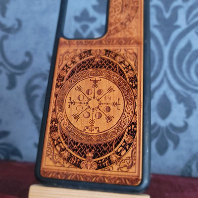Nordic Viking compass design laser engraved into natural cherrywood phone case