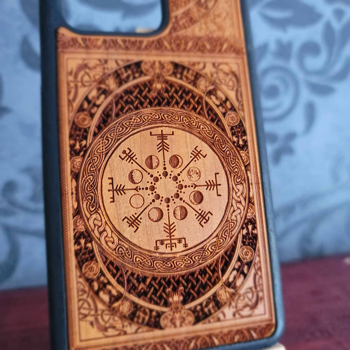 Viking Vegvisir Rune & Moon Phase Wood Phone Case