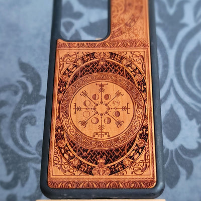 Viking Vegvisir Rune & Moon Phase Wood Phone Case