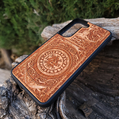 Viking Helmet wood phone case featuring a laser-engraved Norse warrior helmet design with intricate detailing. Compatible with iPhone , 15, 14, 13, 12, 11 Pro Max Mini, and Samsung Galaxy S, S24, S23, S22, S21, S20 Ultra, Plus, Note 20. Durable, slim, and protective, perfect for fans of Viking mythology and Norse culture.