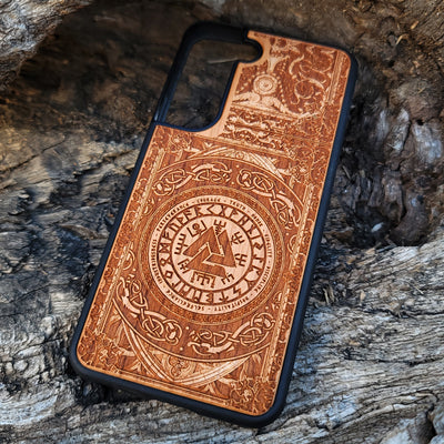 Viking Helmet wood phone case featuring a laser-engraved Norse warrior helmet design with intricate detailing. Compatible with iPhone , 15, 14, 13, 12, 11 Pro Max Mini, and Samsung Galaxy S, S24, S23, S22, S21, S20 Ultra, Plus, Note 20. Durable, slim, and protective, perfect for fans of Viking mythology and Norse culture.