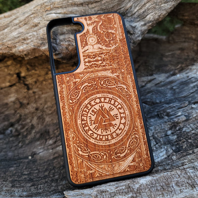Viking Helmet wood phone case featuring a laser-engraved Norse warrior helmet design with intricate detailing. Compatible with iPhone , 15, 14, 13, 12, 11 Pro Max Mini, and Samsung Galaxy S, S24, S23, S22, S21, S20 Ultra, Plus, Note 20. Durable, slim, and protective, perfect for fans of Viking mythology and Norse culture.