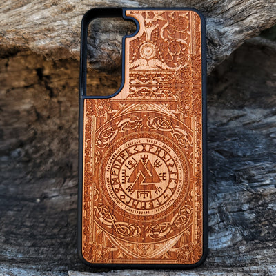 Viking Helmet wood phone case featuring a laser-engraved Norse warrior helmet design with intricate detailing. Compatible with iPhone , 15, 14, 13, 12, 11 Pro Max Mini, and Samsung Galaxy S, S24, S23, S22, S21, S20 Ultra, Plus, Note 20. Durable, slim, and protective, perfect for fans of Viking mythology and Norse culture.