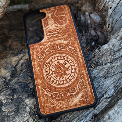 Viking Helmet wood phone case featuring a laser-engraved Norse warrior helmet design with intricate detailing. Compatible with iPhone , 15, 14, 13, 12, 11 Pro Max Mini, and Samsung Galaxy S, S24, S23, S22, S21, S20 Ultra, Plus, Note 20. Durable, slim, and protective, perfect for fans of Viking mythology and Norse culture.