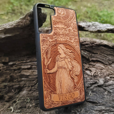 Virgo horoscope wood case with intricate star sign carving