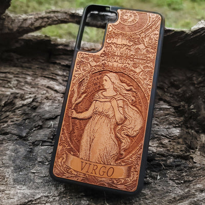 Laser-engraved Virgo astrology sign phone case on natural wood