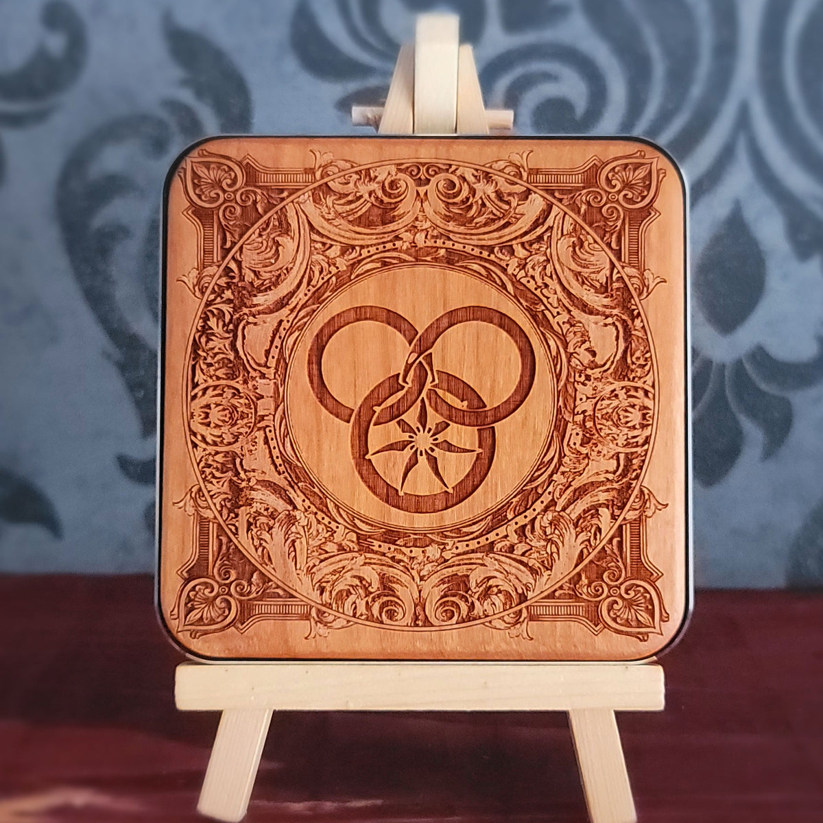 wheel of time wireless charger laser engraved on wood