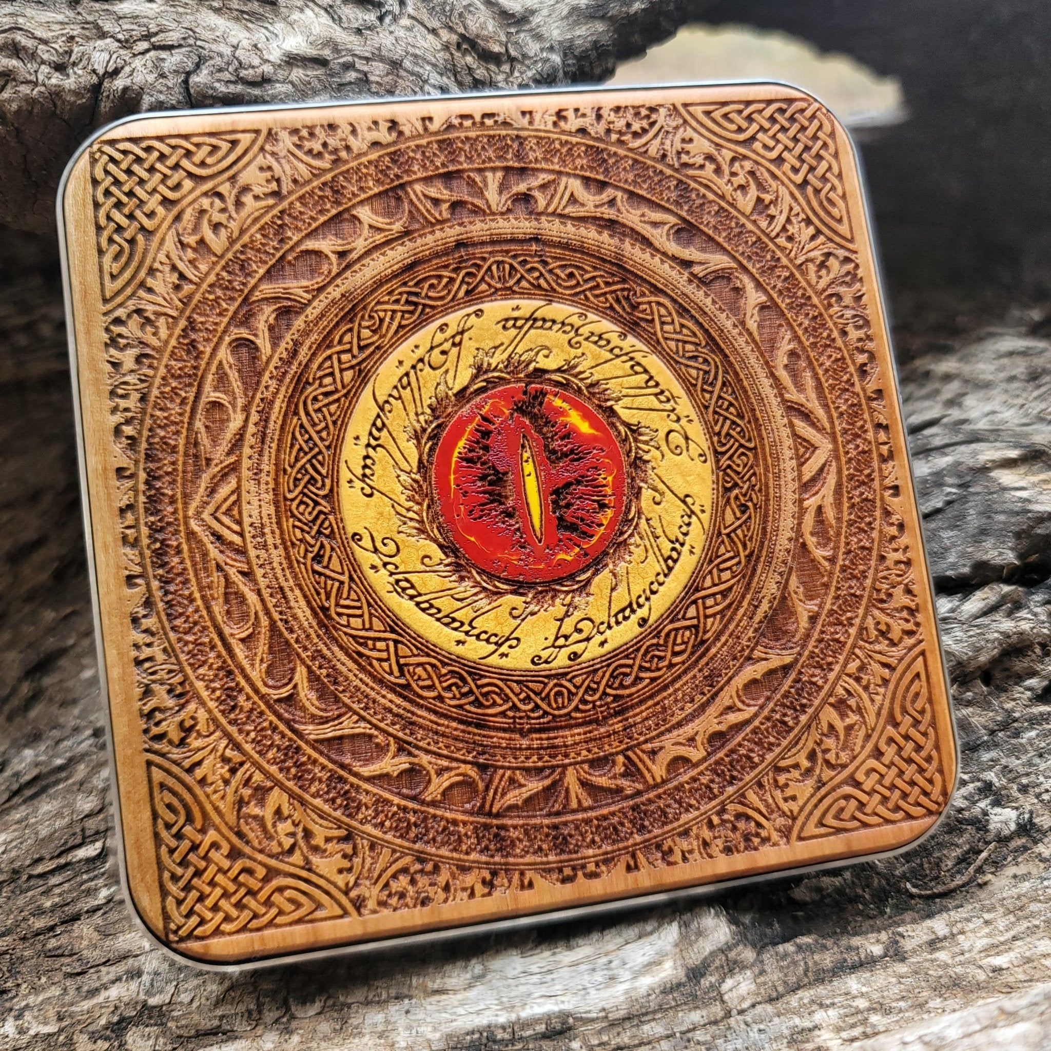 Overhead view of hand-painted Sauron eye on Middle-earth charger.