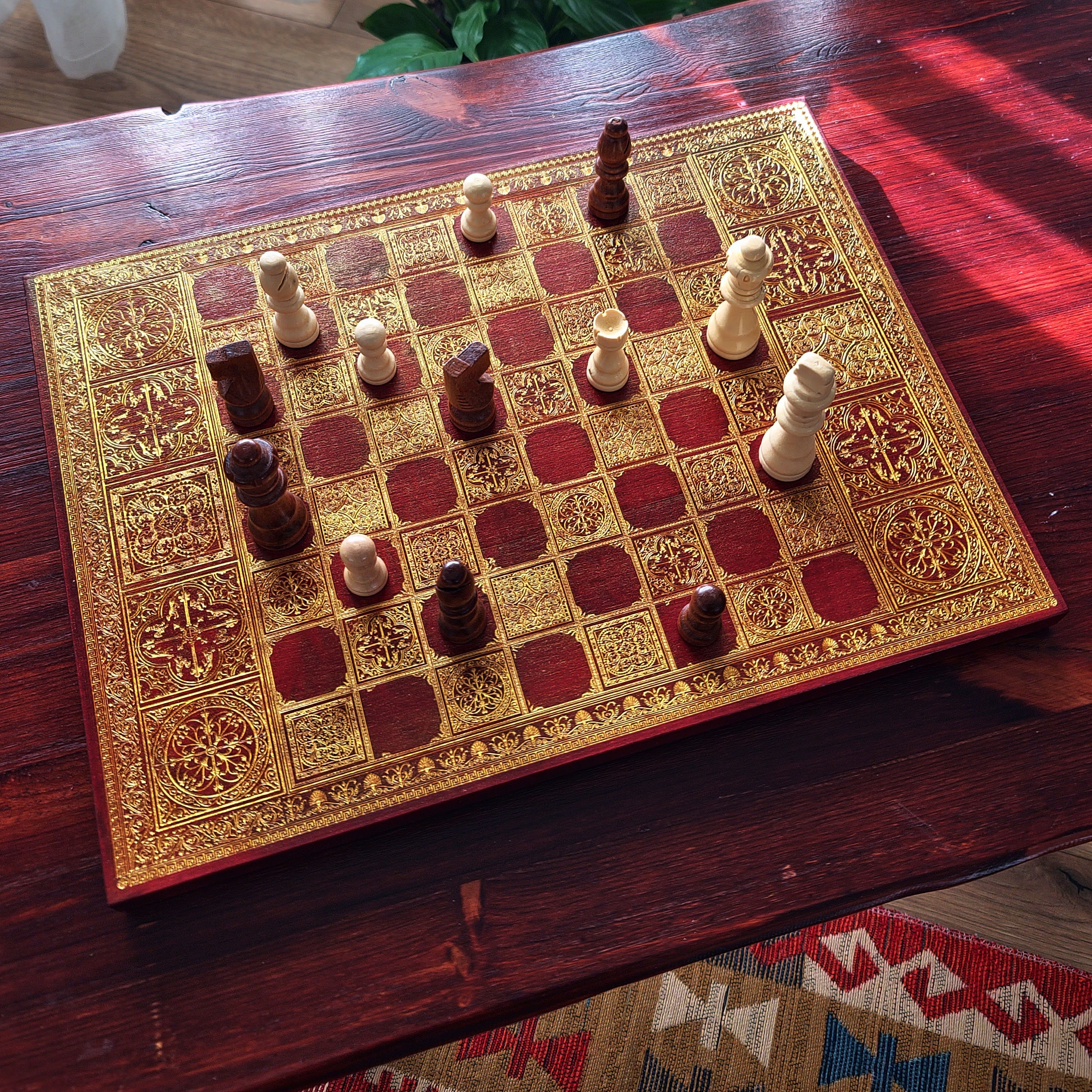Spanish Tiles Chess Board - Red Walnut & Gold - A3 Large Size