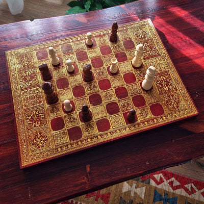 Spanish Tiles Chess Board - Red Walnut & Gold - A3 Large Size