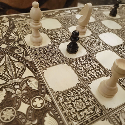 Spanish Tiles Chess Board - White & Brown - Tournament Size – gothic art, engraved wood, dark fantasy, skeleton design, artisan crafted