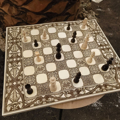 Spanish Tiles Chess Board - White & Brown - Tournament Size – gothic art, engraved wood, dark fantasy, skeleton design, artisan crafted