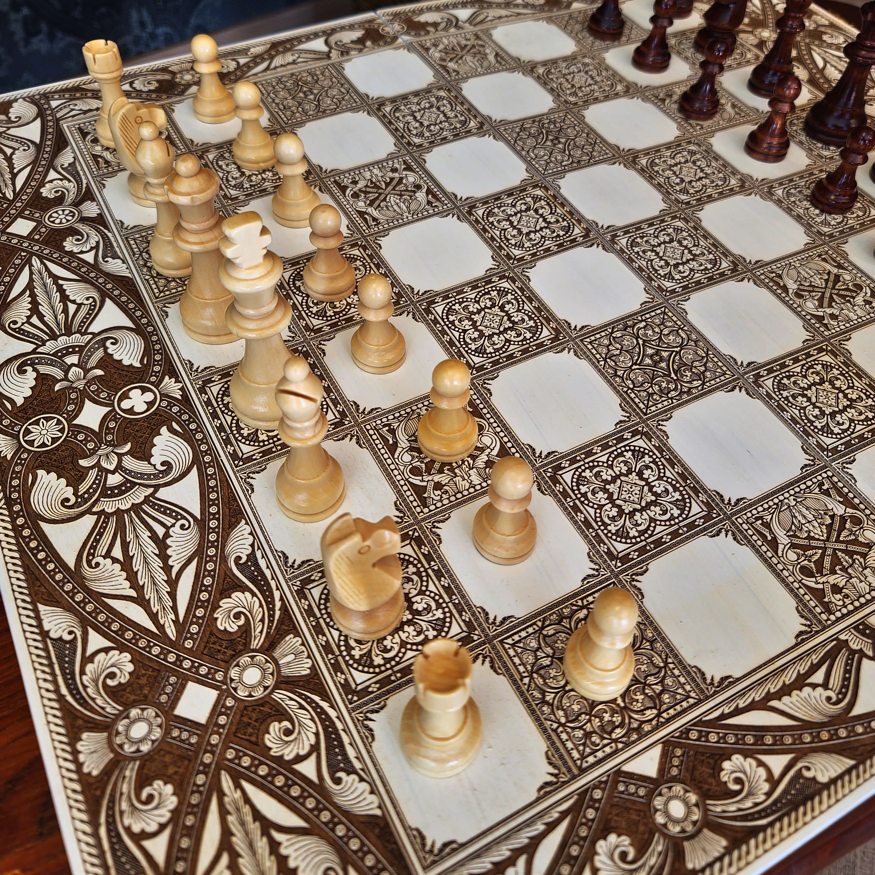 Decorative wood chessboard laser engraved