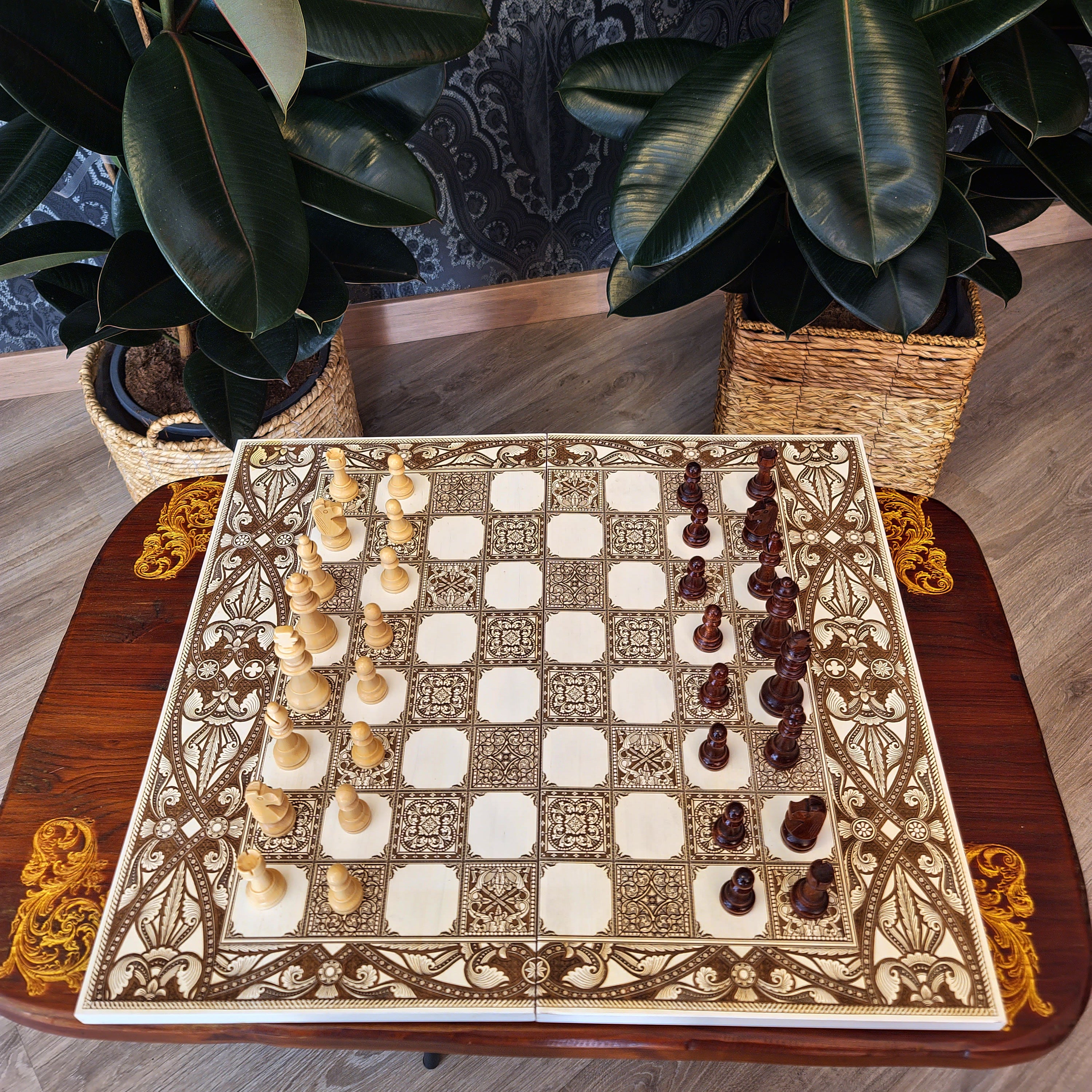 Tablero de ajedrez de fichas españolas - Blanco y marrón - Tamaño de torneo
