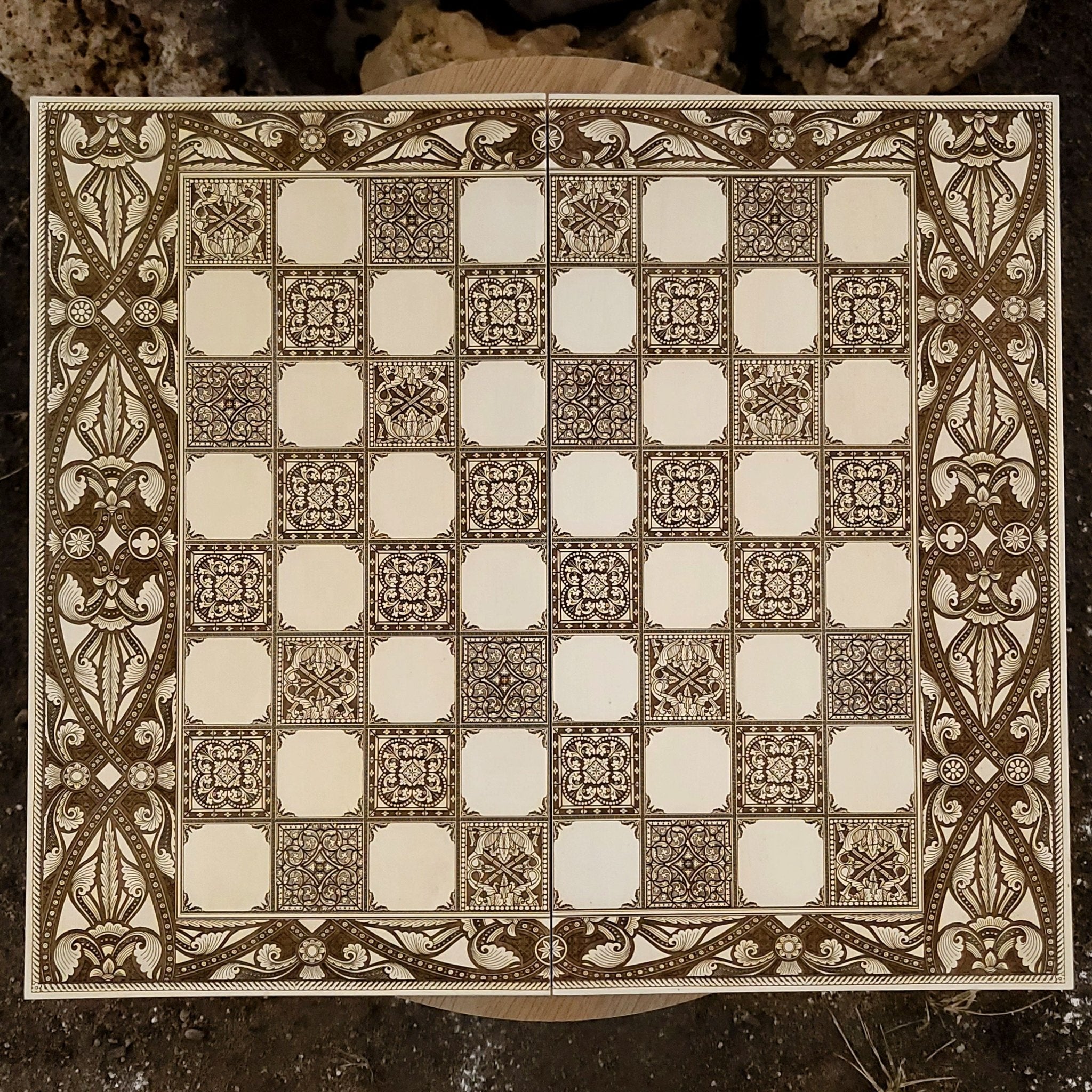 Spanish Tiles Chess Board - White & Brown - Tournament Size