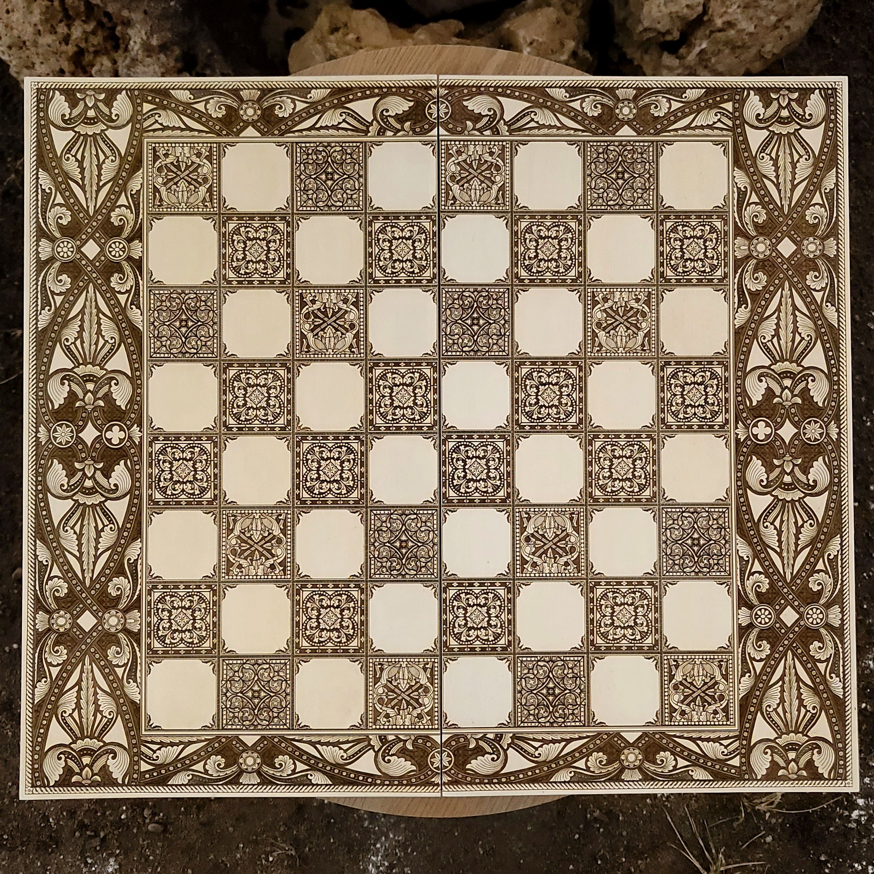 Spanish Tiles Chess Board - White & Brown - Tournament Size