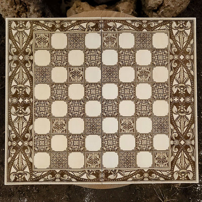 Spanish Tiles Chess Board - White & Brown - Tournament Size – gothic art, engraved wood, dark fantasy, skeleton design, artisan crafted