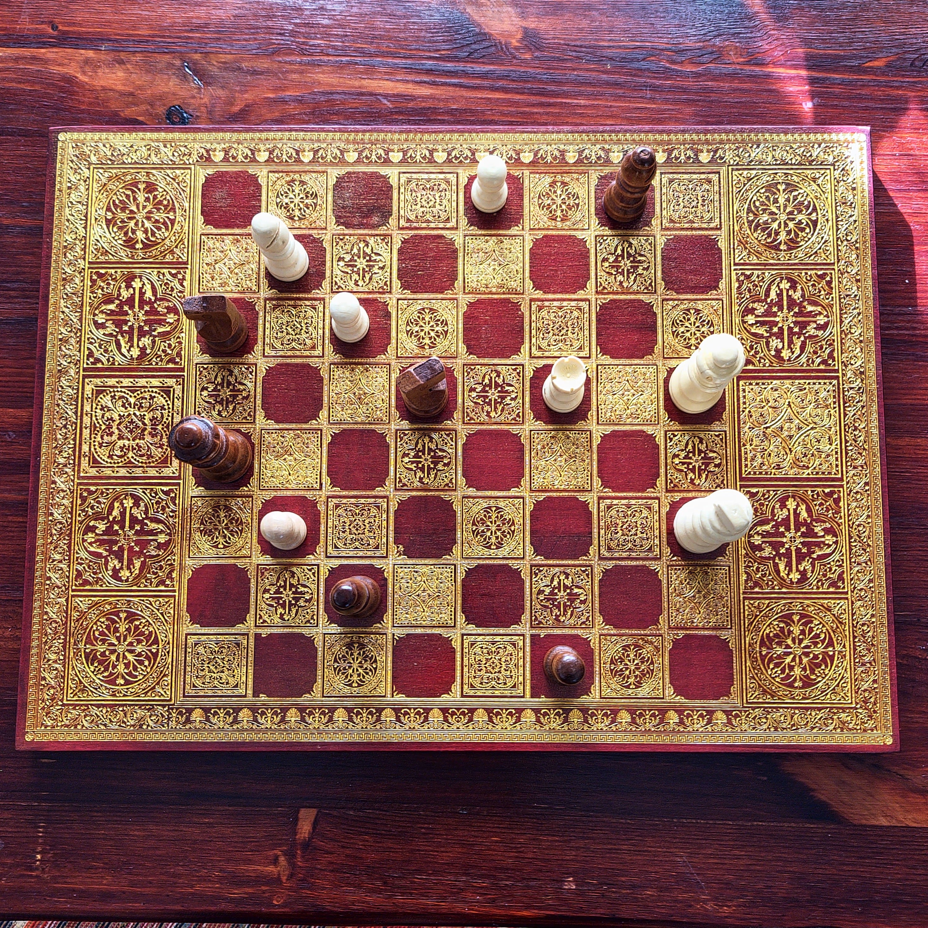 Spanish Tiles Chess Board - Red Walnut & Gold - A3 Large Size