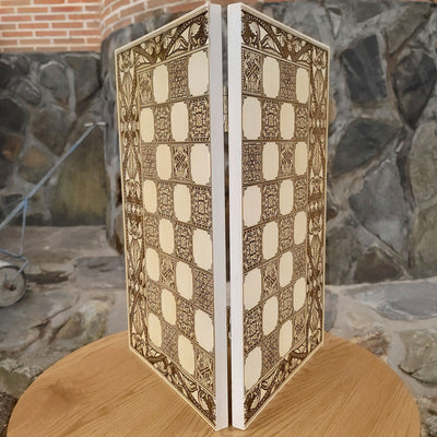 Spanish Tiles Chess Board - White & Brown - Tournament Size – gothic art, engraved wood, dark fantasy, skeleton design, artisan crafted