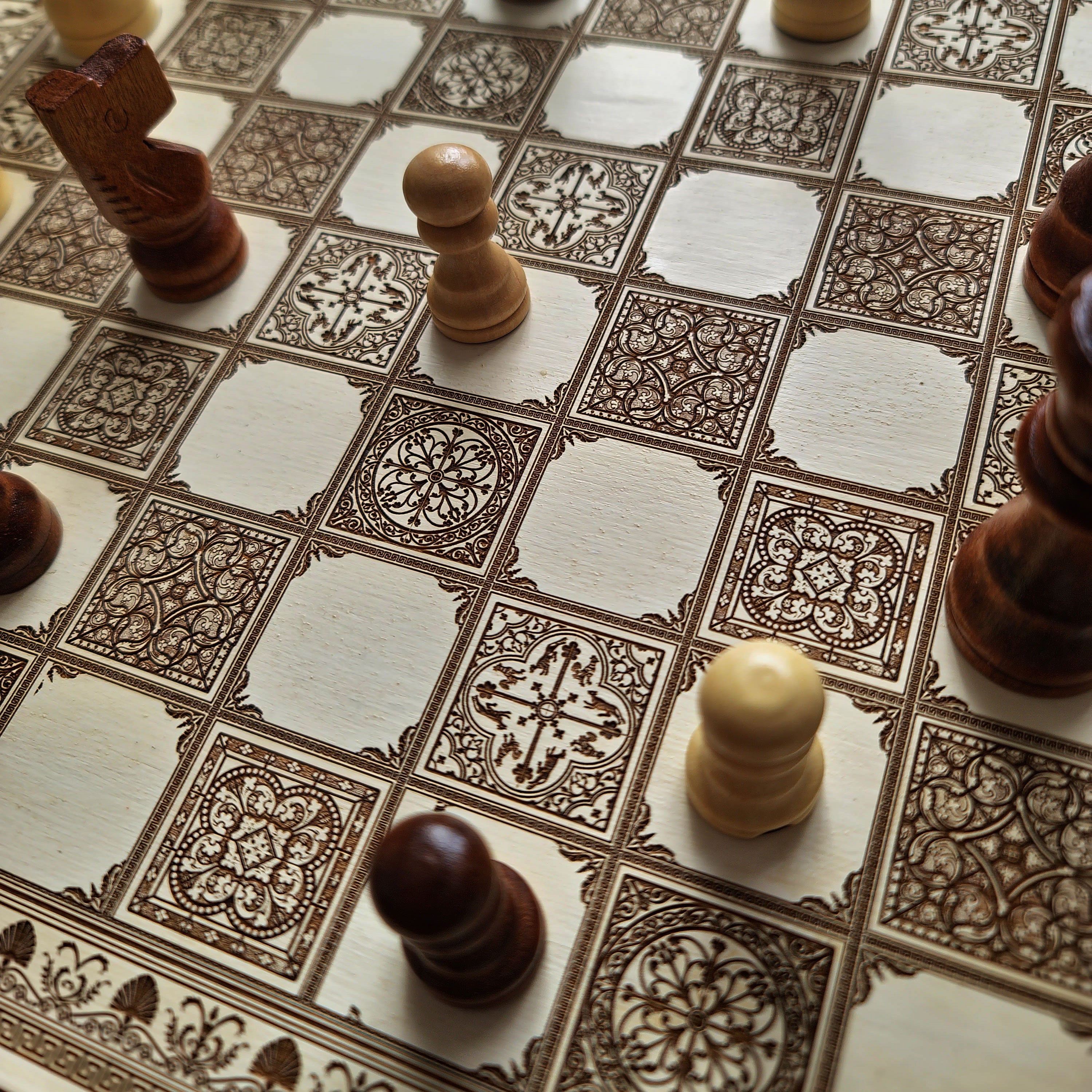 Spanish Tiles Chess Board - White & Brown - A3 Large Size