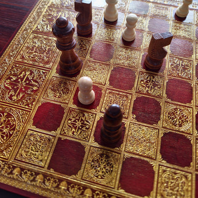 Spanish Tiles Chess Board - Red Walnut & Gold - A3 Large Size