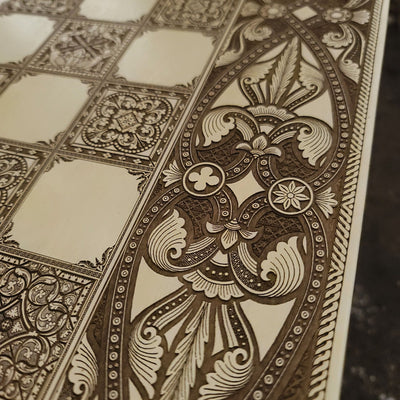 Spanish Tiles Chess Board - White & Brown - Tournament Size – gothic art, engraved wood, dark fantasy, skeleton design, artisan crafted