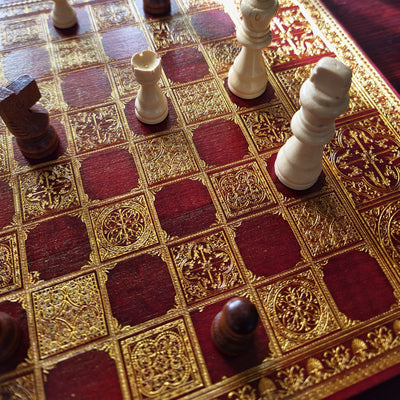 Spanish Tiles Chess Board - Red Walnut & Gold - A3 Large Size
