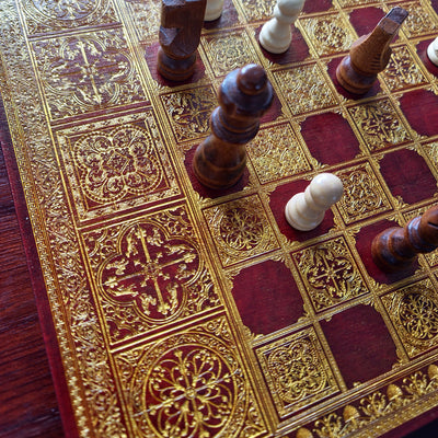 Spanish Tiles Chess Board - Red Walnut & Gold - A3 Large Size