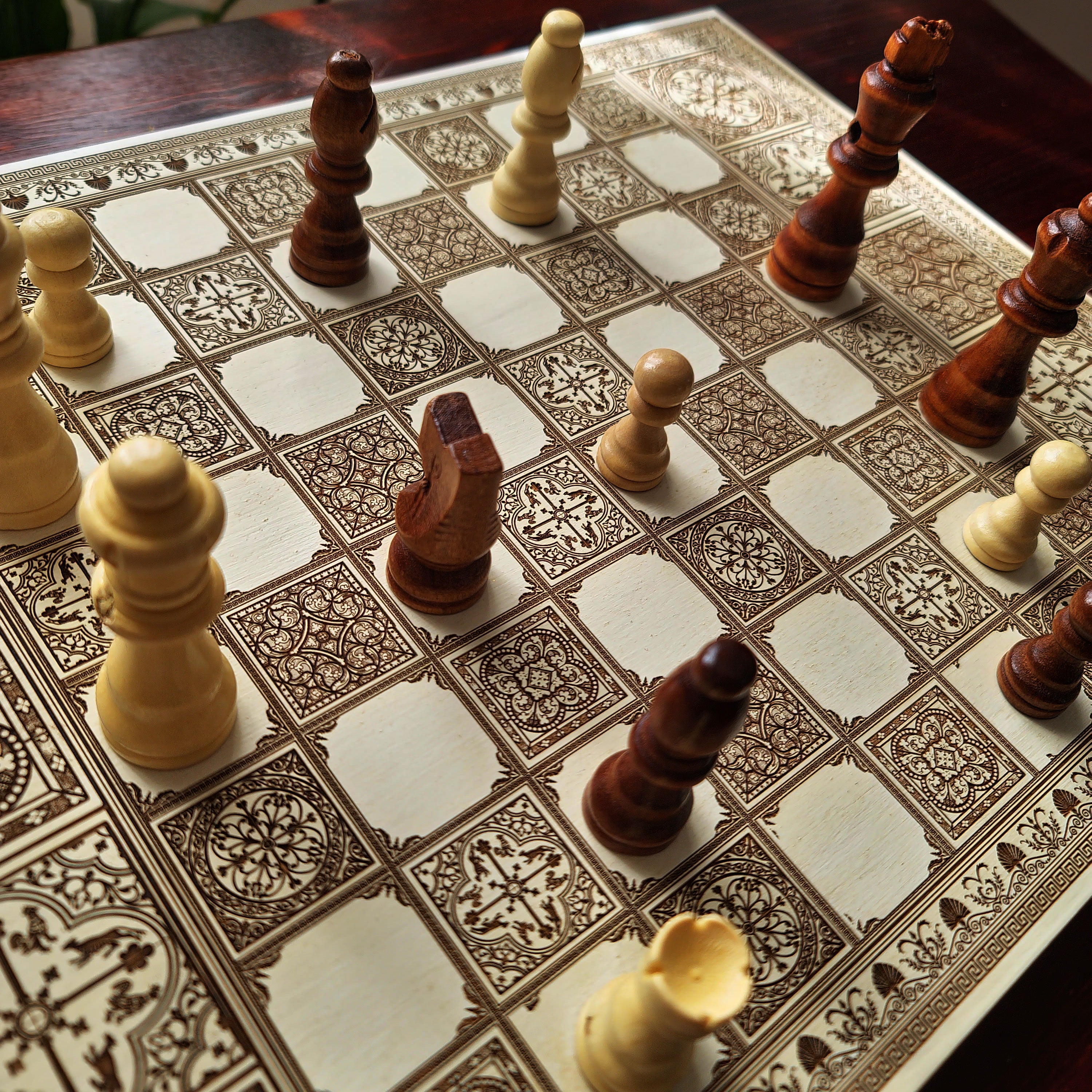 Spanish Tiles Chess Board - White & Brown - A3 Large Size
