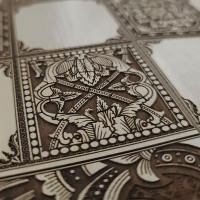 Spanish Tiles Chess Board - White & Brown - Tournament Size – gothic art, engraved wood, dark fantasy, skeleton design, artisan crafted