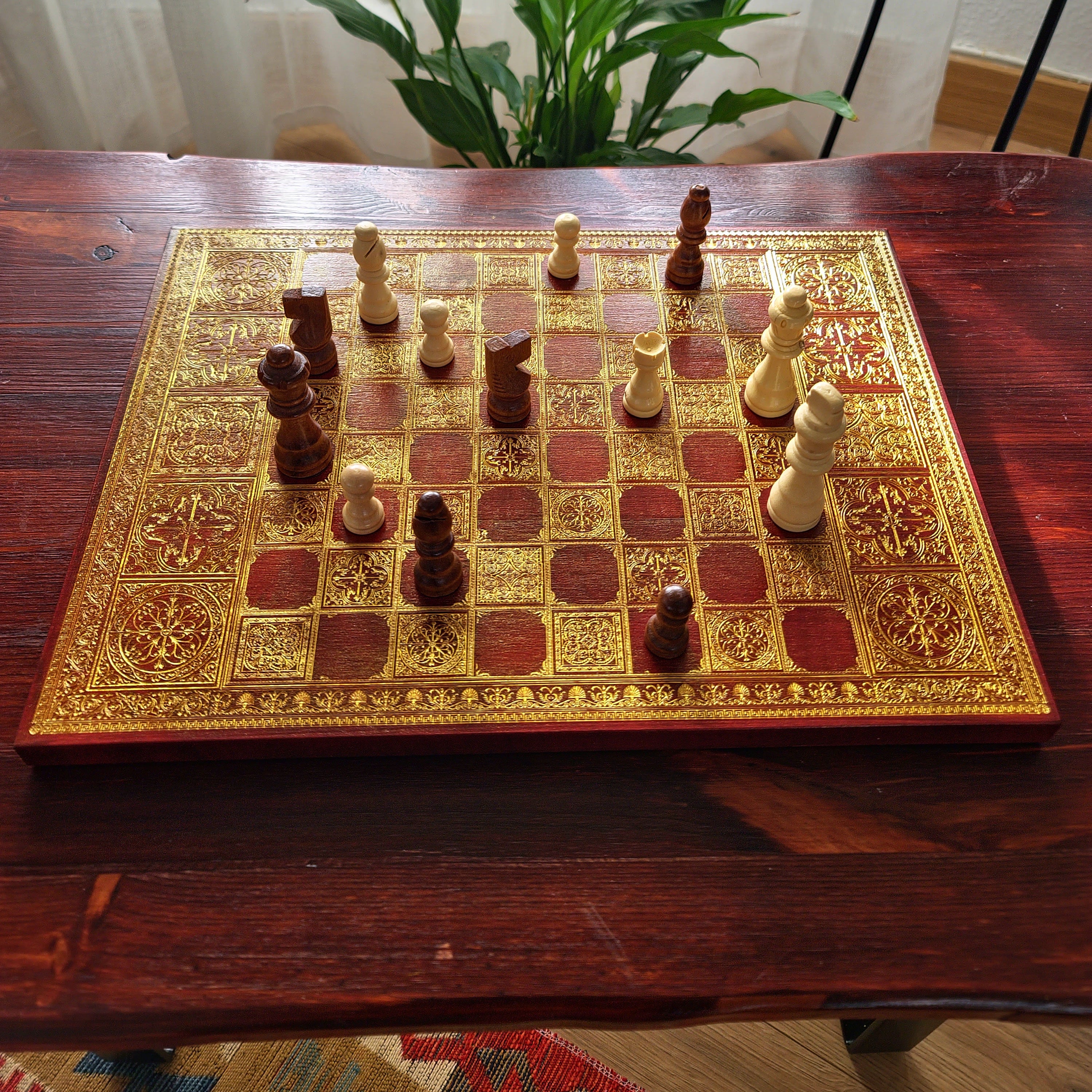 Spanish Tiles Chess Board - Red Walnut & Gold - A3 Large Size